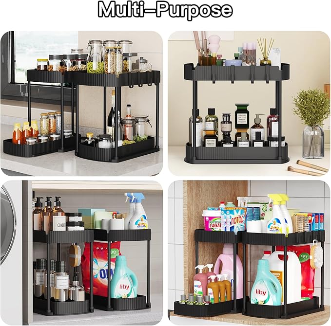 2 Packs Under Sink Pull-Out Storage Organizers, 12.8 Inches, Black | Multi-Purpose Cabinet Organizers and Storage for Bathroom & Kitchen