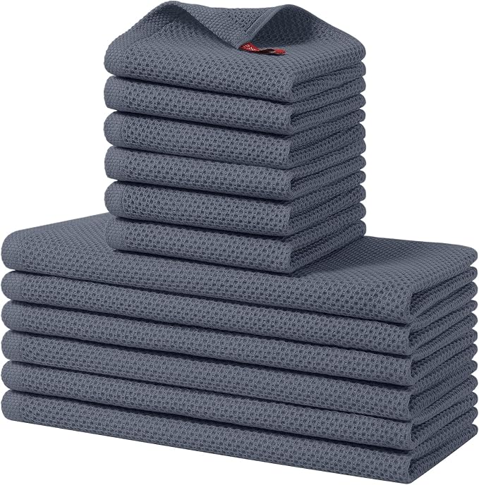 Homaxy 12 Pack 100% Cotton Kitchen Towels and Dishcloths Set, Dark Grey | 12 x 12 Inches and 13 x 28 Inches Kitchen Towels Set, Ultra Soft Absorbent Dish Cloths for Washing Dishes