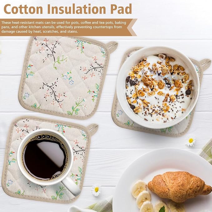 6-Pack Pot Holders for Kitchen, 7.1in/18cm Heat-Resistant Hot Pads with Floral Design, Reusable Kitchen Mats, Pot Rack Set Suitable for Baking (Khaki Floral Print)