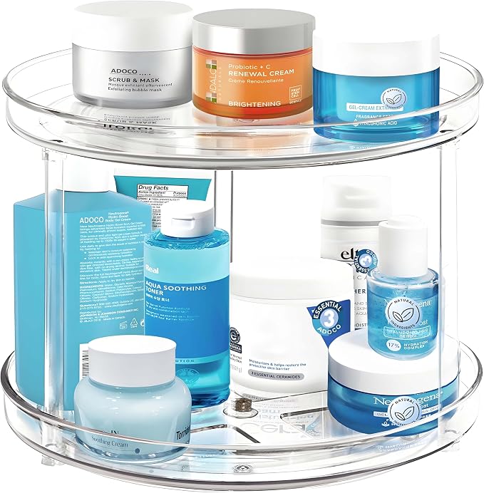 2 Tier Lazy Susan Bathroom Organizer, 9.25Inch Clear 360 Rotating Makeup Organizer for Vanity, Skincare Organizers Perfume Organizer, Spice Rack Organizer for Cabinet- Home Organization and Storage | Clear 360 Rotating Makeup Organizer for Vanity,Skinc...