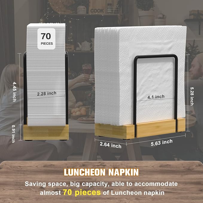Wican Napkin Holder for Table, Bamboo Iron Standing Napkin Dispenser | Kitchen Dining Table Farmhouse Cocktail Picnic Rustic Wood Holders, Mail Bills, Suitable Dining Room Decors, Black & Yellow