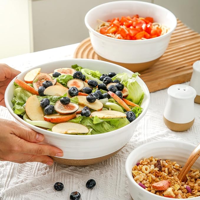 HASENSE Ceramic Serving Bowls, Large Salad Pasta Mixing Bowls Set, 2.1/1.0/0.5 Qt for Entertaining, White Nesting Batter Bowls for Prepping Baking, Dishwasher Microwave Safe, Set of 3