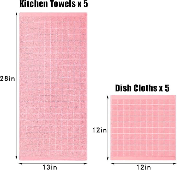 Homaxy Kitchen Towels and Dishcloths Set, Set of 10, Pink | Bulk Cotton Terry Kitchen Towels, Checkered Designed, Soft and Super Absorbent Dish Towels, 12 x 12 and 13 x 28 Inches