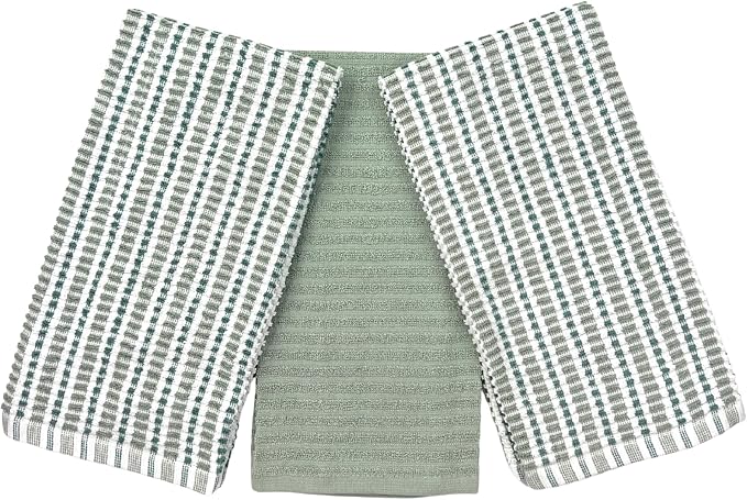 Sage Green Kitchen Dish Towels- Set of 3 100% Cotton Soft Cleaning Drying Absorbent Textured Terry Loop- Oversized 28" x 18" Multipurpose Towels for Everyday Use