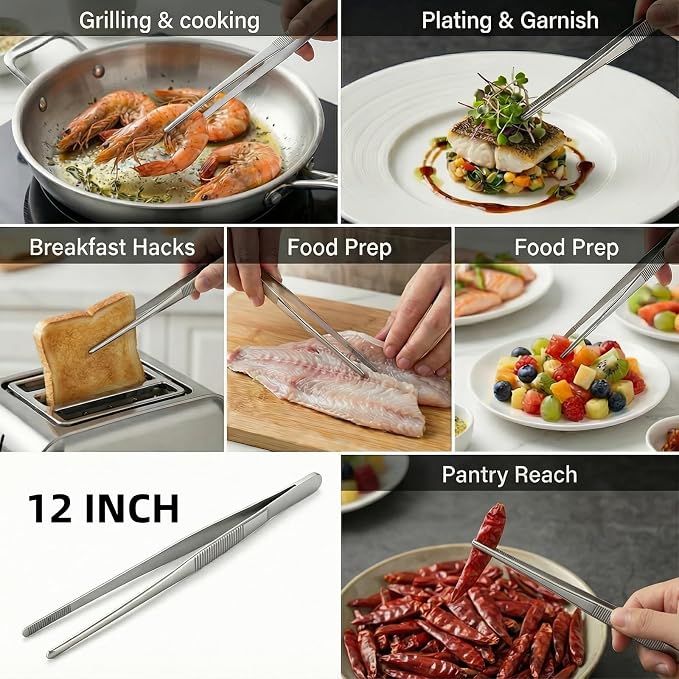 12-Inch Stainless Steel Kitchen Tweezers, Food Tongs for Cooking | Long Pasta and Plating Tweezer Tongs with Serrated Tips for Secure Grip; Professional Chef Tweezers for Cooking and Grilling