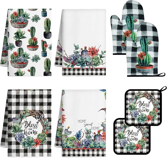 8 Pcs Kitchen Towels Pot Holders and Oven Mitt Set Kitchen Accessories 4 Dish Towels 2 Absorbent Square Potholders 2 Heat Resistant Glove for Cooking Baking Home (Green(Southwest Cactus)