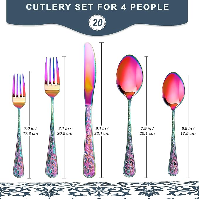 Runfly Vintage Carved Rainbow Stainless Steel 20-Piece Flatware Set | Silverware Set, Modern Embossed Cutlery Set Utensils Kitchen Including Fork Spoon and Knife