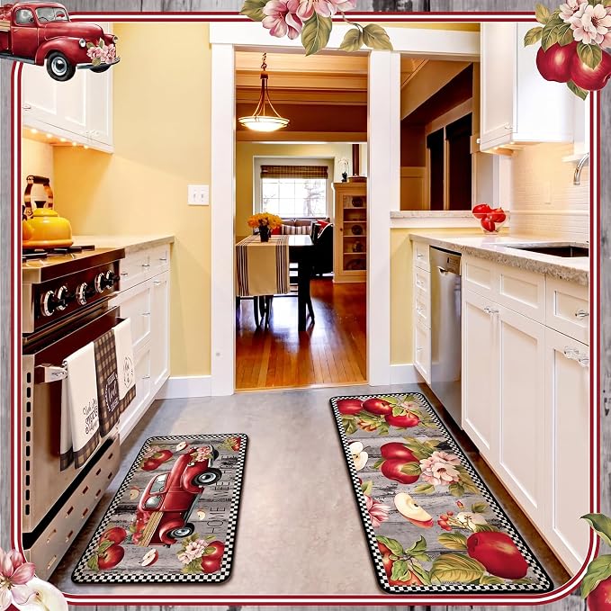 Fourluoo 10 Pcs Apple Kitchen Decor Set Apple Kitchen Rugs and Towels Oven Mitts and Pot Holders Sets for for Cooking Baking Mom Housewarming Gifts