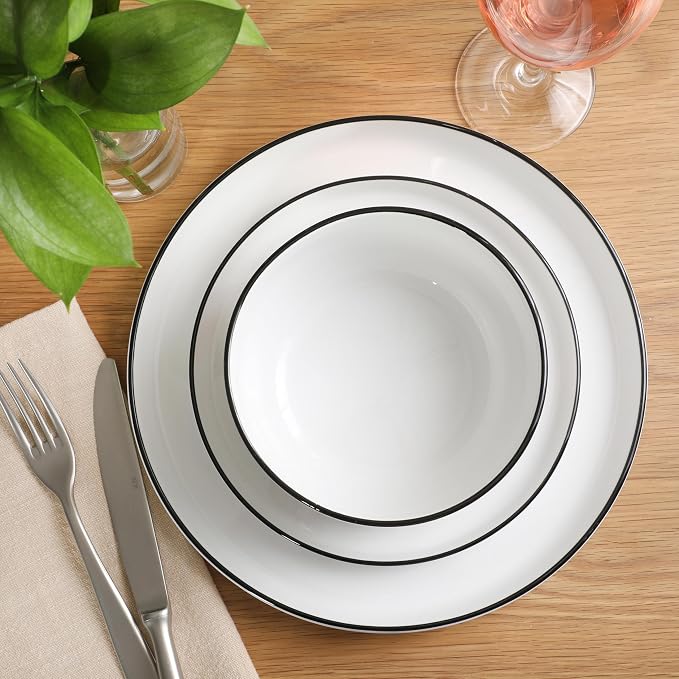 Gibson Home Rothernberg Plates and Bowls 18 Piece Porcelain White Dinnerware Set W/Black Rim | Stackable Dishes | Microwave & Dishwasher Safe