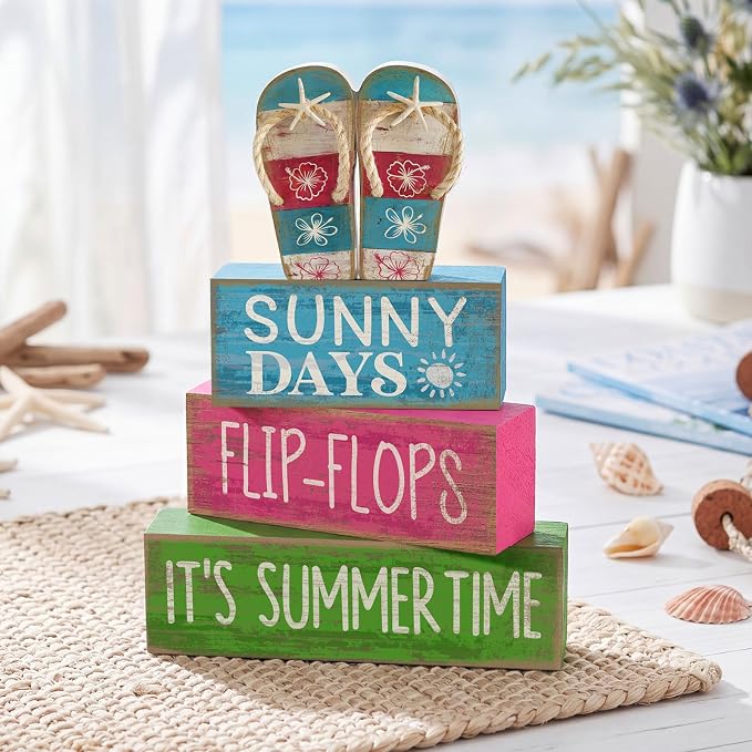 Lineshading 4 Pcs Flip Flop Beach Summer Wooden Block Signs Table Decor | Coastal Tiered Tray Decorations, Farmhouse Rustic Tabletop Display, Flip Flop Theme with Sayings Sunny Days Summertime