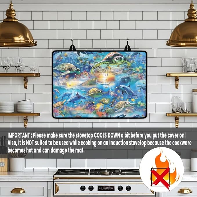 Dolphin Sea Turtle Glass Stove Cover Stovetop Protector Cover Foldable Electric Stove Top Protector Prevent Scratching Washer Dryer Counterto Cover for Home Decor