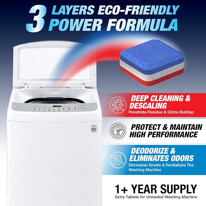 Washing Machine Cleaner Tablets, 56 Pack for HE Top Load, Eco-Friendly Tabs | Washer Machine Cleaning Tablets, 3 Layers, Septic Safe, Wash Machine Full Deodorizer, Descaler, Protector, 1 Plus Year Supply