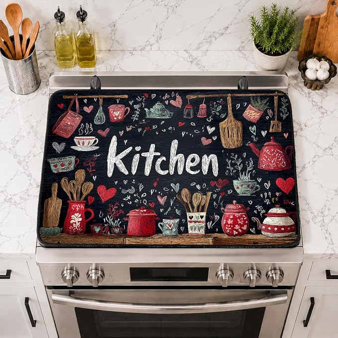 Electric Stove Top Cover for Glass Top, Chalkboard Kitchen Decor – Heat Resistant Flat Stove Top Covers, Decorative Scratch Protector Mat for Glass Ceramic Cooktop, Non-Slip, 28"x20"