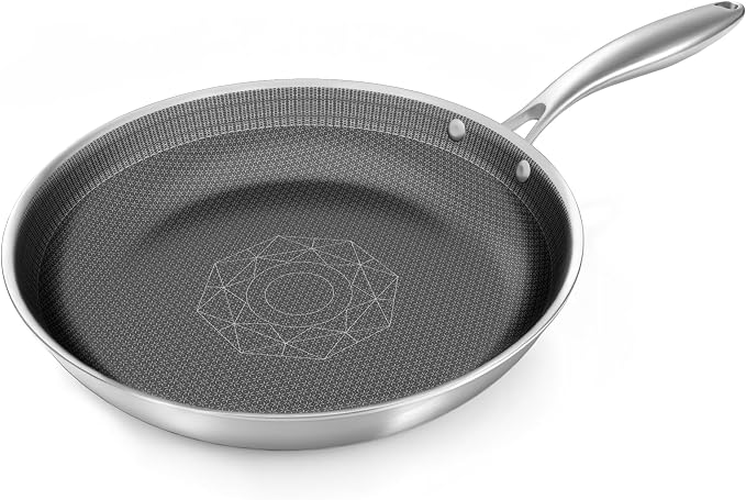 COOKER KING 12-Inch Stainless Steel Pan, Hybrid Nonstick Frying Pan | 3-Ply Clad Cookware, Healthy & Non-Toxic, Dishwasher & Oven Safe, Stay-Cool Handle, Induction Compatible – Metal Utensil Safe