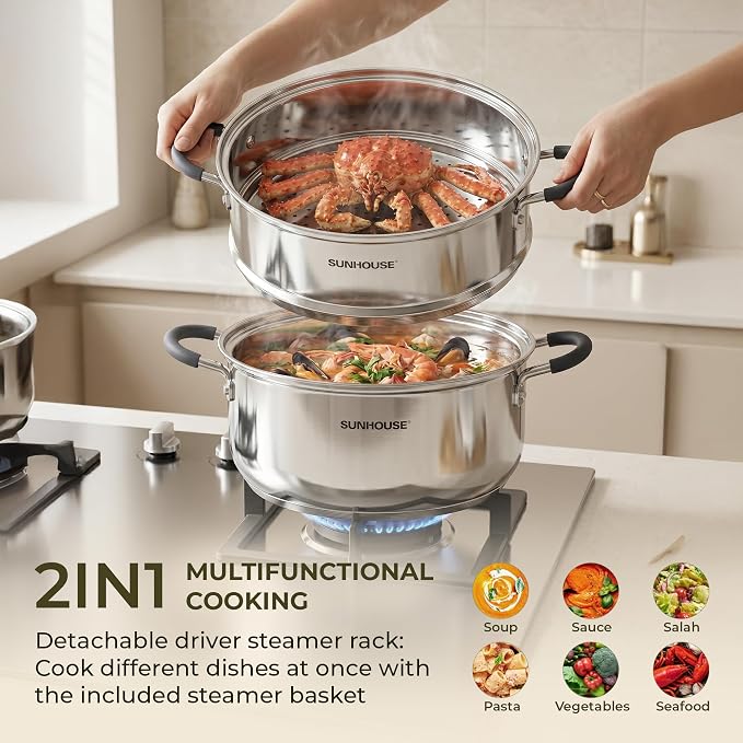 SUNHOUSE 5 QT Stainless Steel Steamer Pot for Cooking with Glass Lid | 2-Tier Food Steaming Basket Insert Vaporera - Stovetop Steamer for Vegetables - Tri-Ply Induction Base, Stay-Cool Handles