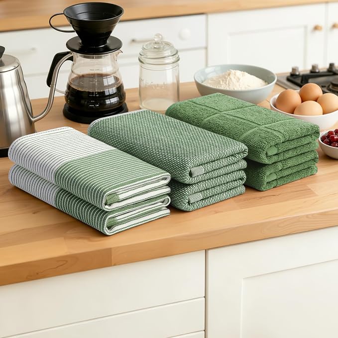 Homaxy 9 Pack Cotton Terry Premium Kitchen Towels, 18 x 28 in, Grass Green | Large 380 GSM Dish Towels, Highly Absorben Flat & Terry Kitchen Hand Towels, Soft Utility Tea Towel Set with Hanging Loop