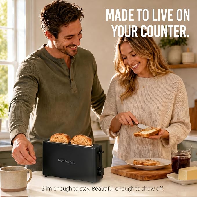 Nostalgia Slim 2-Slice Toaster – Wide Slot – Space-Saving Design – Adjustable Browning Dial – 10-inch Long Slot Fits 2 Slices of Bread or Bagel Halves – Drop-down Crumb Tray – Blackberry