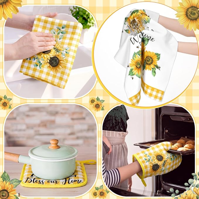 Leinuosen 8 Pcs Sunflower Yellow and White Checkered Kitchen Towels and Dishcloths Sets Pot Holders and Oven Mitts Sets Absorbent Kitchen Gloves Potholders Heat Resistant for Chef Baking Cooking
