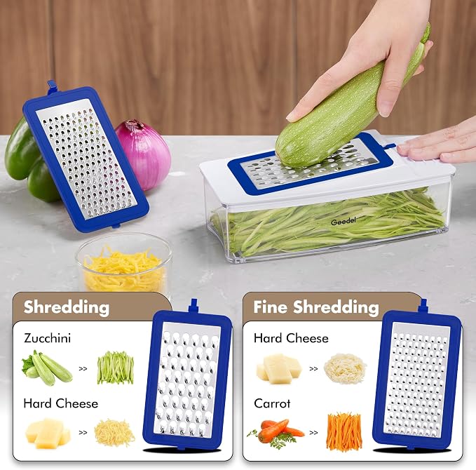 Geedel Vegetable Chopper with Container, 4 in 1 Food Chopper Veggie Slicer | Onion Chopper, 420 Stainless Steel, Safety Lock, Dishwasher Safe, No BPA, Cleaning Brush Included, for Vegetables, Cheese