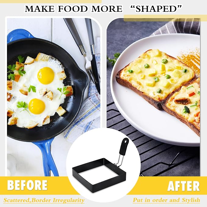 2-Pack 4'' Square Egg Rings Set with Silicone Handle, Stainless Steel Egg Cooking Rings，Nonstick，For Frying Eggs and English Muffins Pancake, Egg Mold Shaper For Breakfast