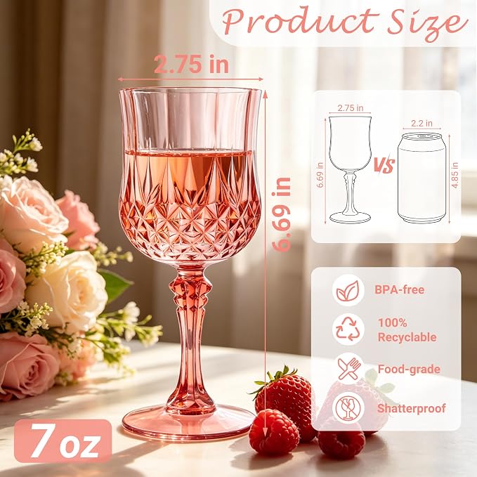 48Pack Plastic Wine Glasses, 7oz Vintage Goblets for Wedding | Unbreakable Crystal Style Reusable Stemware, Elegant Rose Gold Drinking Glass for Party Anniversary & Holiday Celebration