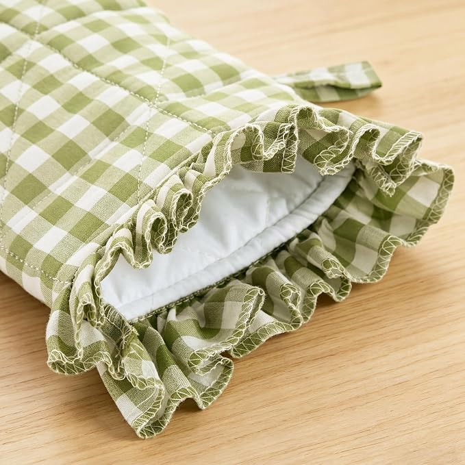 Twistover Checkered Oven Mitts 2-Pack Set, Cotton Gloves,Green | 13.5x6.5 Inch Size with Ruffle Trim, Non-slip Heat Resistant for Baking BBQ Microwave, Plaid Cotton for Cooking