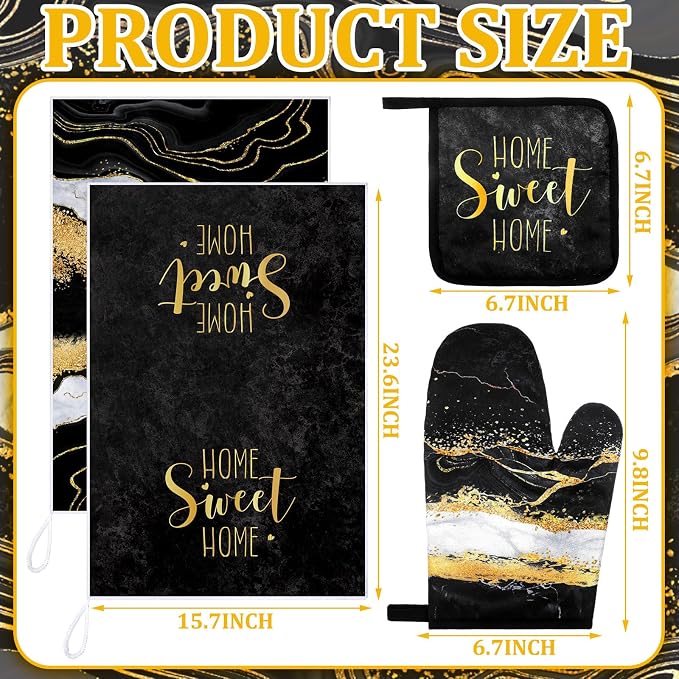 Leinuosen 8 Pcs Black and Gold Marble Kitchen Towels and Dishcloths Sets Oven Mitts and Pot Holders Absorbent Kitchen Gloves Potholders Heat Resistant for Chef Baking Cooking