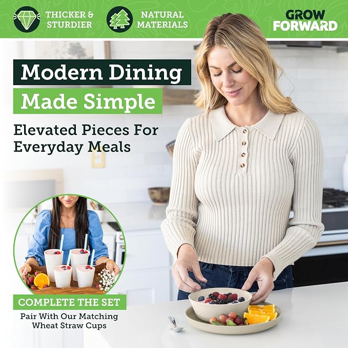 Grow Forward Premium Wheat Straw Plates and Bowls Sets - 8-Piece Wheat Straw Dinnerware Sets - Unbreakable & Reusable Microwave Safe Plastic Dinner Plates for Outdoors, RV, Camping Dishes - Sahara