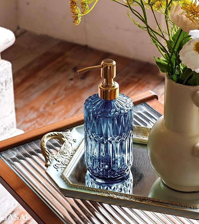 JASAI 18Oz Blue Glass Soap Dispenser with Golden Pump for Dish Soap | Refillable Kitchen Soap Dispenser with Thick Glass & Rust Proof Pump, Bathroom Soap Dispenser for Hand Soap, Liquid Soap.