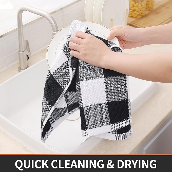 Homaxy Kitchen Towels and Dishcloths Set, Set of 8, White & Black | Bulk Cotton Waffle Weave Check Plaid Kitchen Towels, Super Soft and Absorbent Dish Cloths, 12 x 12 and 13 x 28 Inches