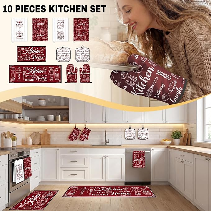 10 Pcs Kitchen Decor and Accessories Set, Retro Farmhouse | Baking Red Burgundy 4 Dish Towels Kitchen Rugs 2 Oven Mitts 2 Pot Holders, Home Decor for Cooking Baking BBQ Housewarming