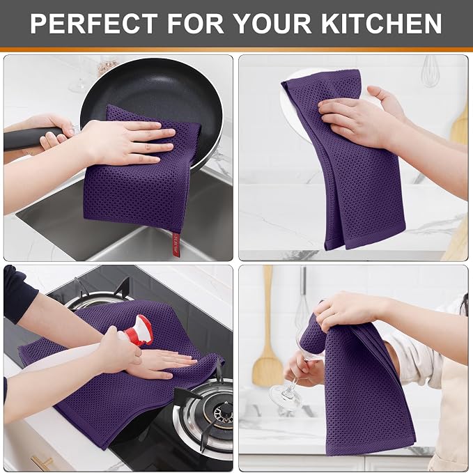 Kitinjoy 100% Cotton Waffle 4-Pack Kitchen Towels, 13" x 28", Eggplant | Super Soft, Ultra-Absorbent, Fast Drying, lightweight, Quick Drying Kitchen Hand Towels