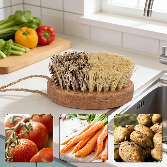 2pcs Vegetable Brush Scrubbers with Wood Handle, Dual Bristle Sisal & Palm Wooden Veggie Scrubbing Cleaner Brush for Vegetable Potatoes Carrots Mushroom Tomato Fruits Produce Cleaning Wash
