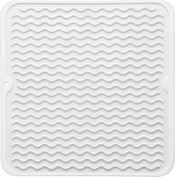 Silicone Dish Drying Mat, Non-Slip Easy Clean Sink Mat, White, 12" x 12" | Quick-Dry Ridges, Large Heat-resistant Dish Drainer Mat for Kitchen Counter, Hangable & Roll-Up for Storage, Dishwasher Safe