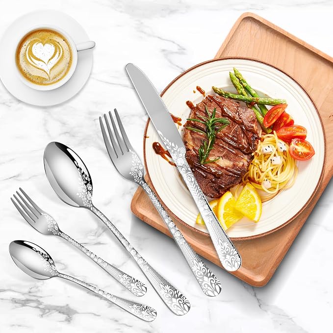 40 Piece Silverware Set, Stainless Steel Flatware Cutlery Set Service for 8, Mirror Polished Tableware Eating Utensils Set for Home Kitchen, Include Knife Fork Spoon Set, Dishwasher Safe