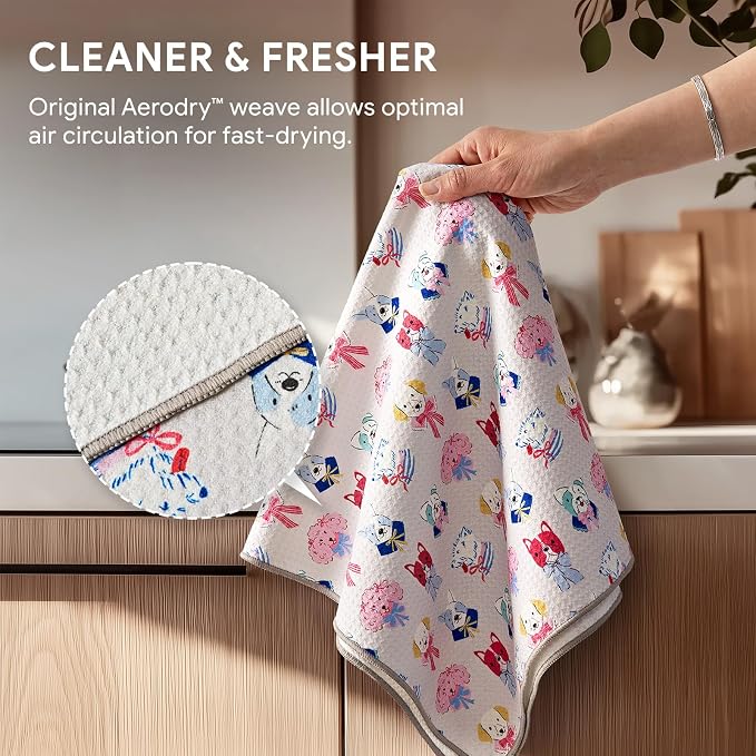 RECYCO Waffle Kitchen Towel Set of 2 - Quick Dry Microfiber Sustainable Dish Towels - Ultra Absorbent Reusable Cleaning Tea Towels - Lightweight Hand Towels,16”x 28”, Puppy Joy