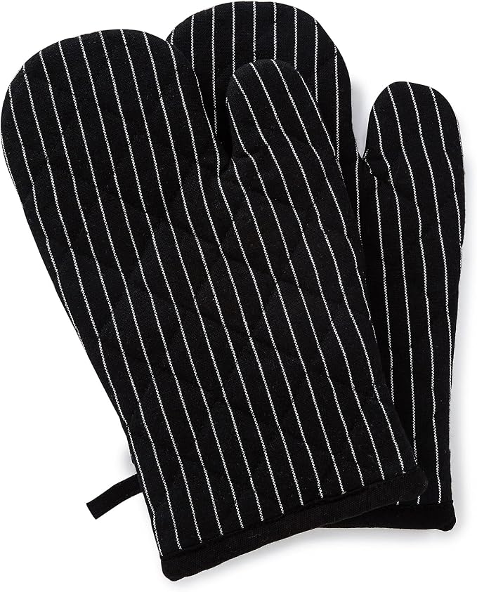 Encasa XO Long 12"x7" Oven Microwave Hand Gloves Mitts (2 pc Set) for Kitchen Cooking & Baking - Heat Resistant, Thick & Safe, Protection of Hands from Hot Utensils - Butcher Stripes Black