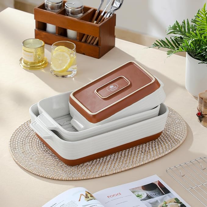 MALACASA Casserole Dishes for Oven with Roasting Racks, Ceramic Baking Dishes Set of 3, Baking Pan Casserole Dish Set, Rectangular Lasagna Pan Deep with Handles for Baking, Khaki White (14.5''/13''/10.5''), Series TARA