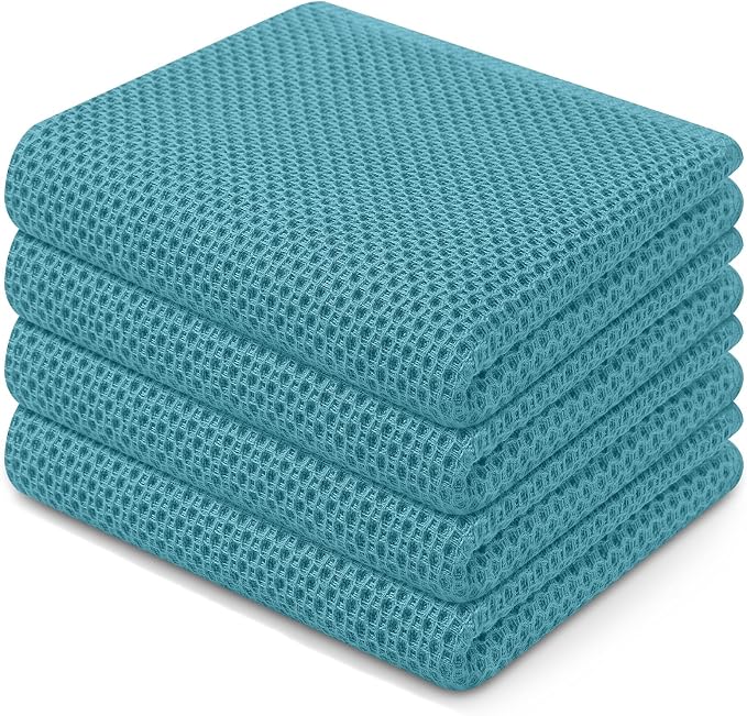 Homaxy 100% Cotton Waffle Weave Kitchen Dish Towels 4-Pack, Lake Blue | 13 x 28 Inches, Ultra Soft Absorbent Dish Towels, Quick Drying Cleaning Towels