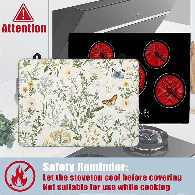 Spring Floral Glass Top Stove Cover Protector,Rustic Wild Flower Heat Resistant Stove Top Cover, Large Size Range Covers for Electric Stove Countertop Mat, 28 x 20 Inch