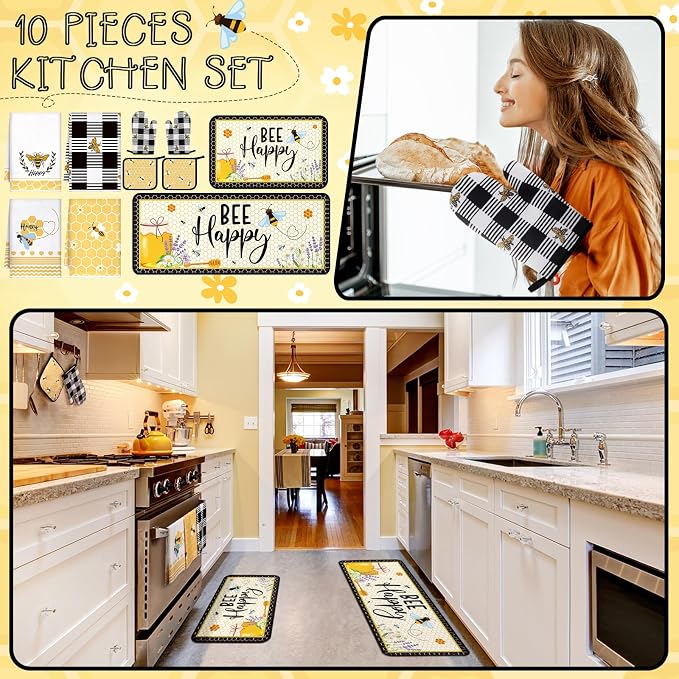 Fourluoo 10 Pcs Bee Kitchen Decor Set Honey Bee Dish Towels Rugs Oven Mitts and Pot Holders Set Farmhouse Kitchen Decor for Women Mom Gift Cooking Baking Grilling