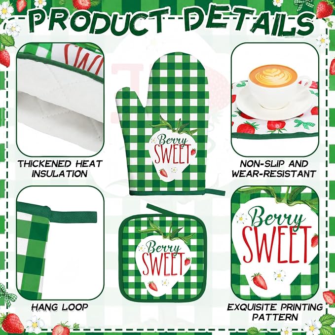 Fourluoo 10 Pcs Strawberry Kitchen Decor Set Dish Towels Rugs Oven Mitts and Pot Holders for Cooking Baking Grilling Women Mom Gift