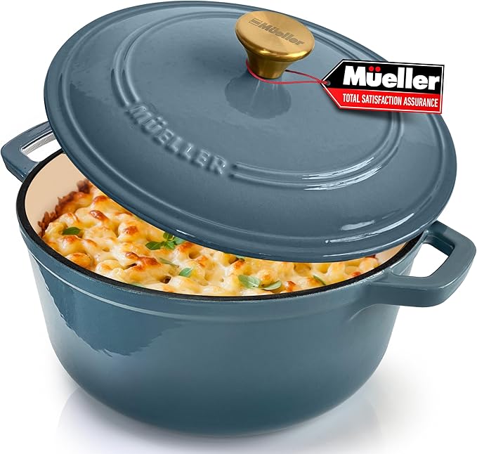 MUELLER HOME 7.5 Quart Enameled Cast Iron Pot Dutch Oven, Heavy-Duty, Oven-Safe up to 500° F & Across All Cooktops, Bread Pan with Lid & Knob, Cast Iron Cookware, Blue Kitchen Accessories,Mineral Blue | Oven-Safe up to 500° F