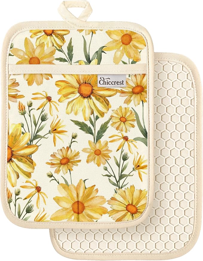 100% Cotton Pot Holders Textured Soft Silicone Cheerful Daisy | Stylish Pot Holders 2pcs, Machine Washable Non-Slip Heat Resistant Hot Pads & Oven Mitts 2-in-1, Practical Kitchen Decor