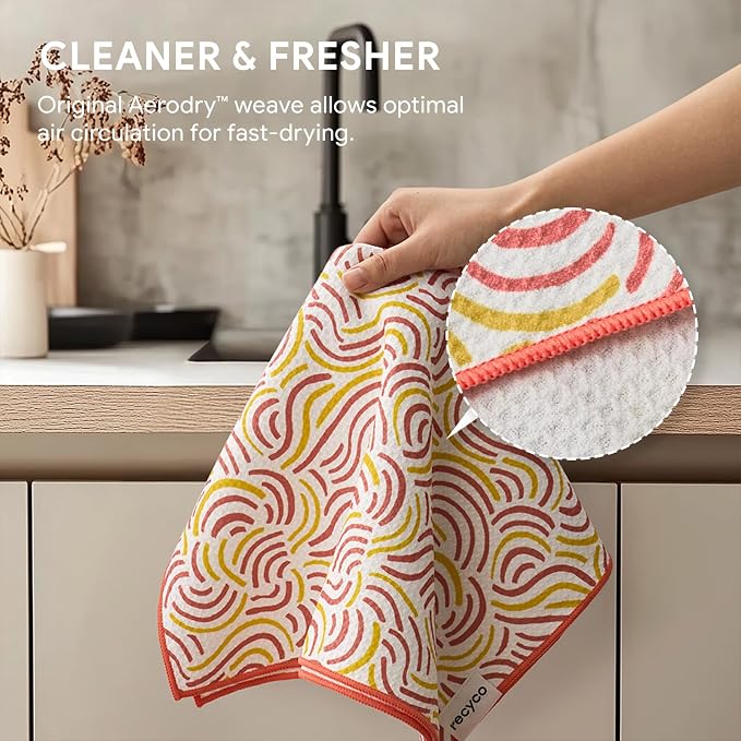 RECYCO Waffle Kitchen Towel Set of 2 - Quick Dry Microfiber Sustainable Dish Towels - Ultra Absorbent Reusable Cleaning Tea Towels - Lightweight Hand Towels,16”x 28”, Banana Joy