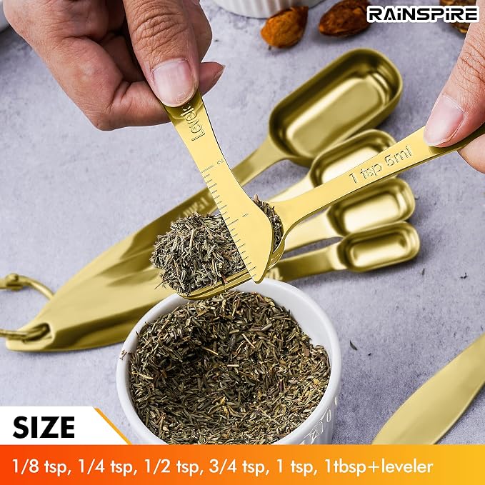 Heavy Duty Measuring Spoons Set Stainless Steel, Metal Measuring Cups and Spoons Set for Dry or Liquid, Fits in Spice Jar, Home Gadgets Kitchen Gadgets, Set of 7 Including Leveler, Gold