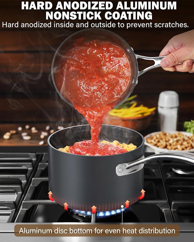 Cooks Standard Classic 1 Quart and 2 Quart Nonstick Saucepan Set with Glass Lids, Hard Anodized Non Stick Sauce Pans, Small Kitchen Cooking Sauce Pots Mini Milk Pans, Dishwasher Safe Cookware, Black