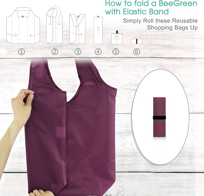 BeeGreen Burgundy Reusable Grocery Bags Wine Red Reusable Kitchen Bags Bulk Foldable-Machine Washable with Zipper Storage Pouch 50 Packs