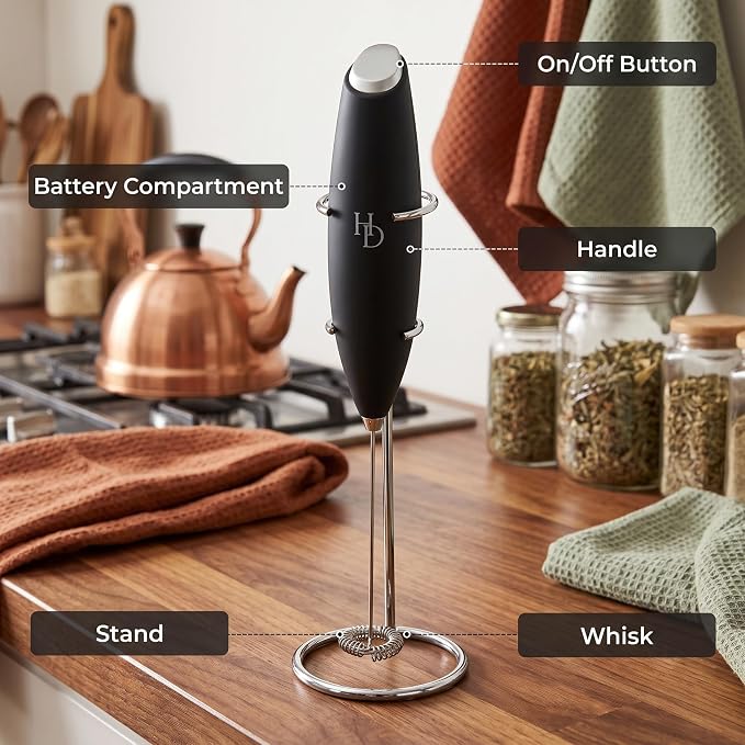 Milk Frother With Stand | Handheld Electric Wand for Frothing & Mixing | Hand Blender, Coffee Frother Handheld Drink Mixer for Lattes, Cappuccinos, Protein Powder, Matcha & More, Frother Wand