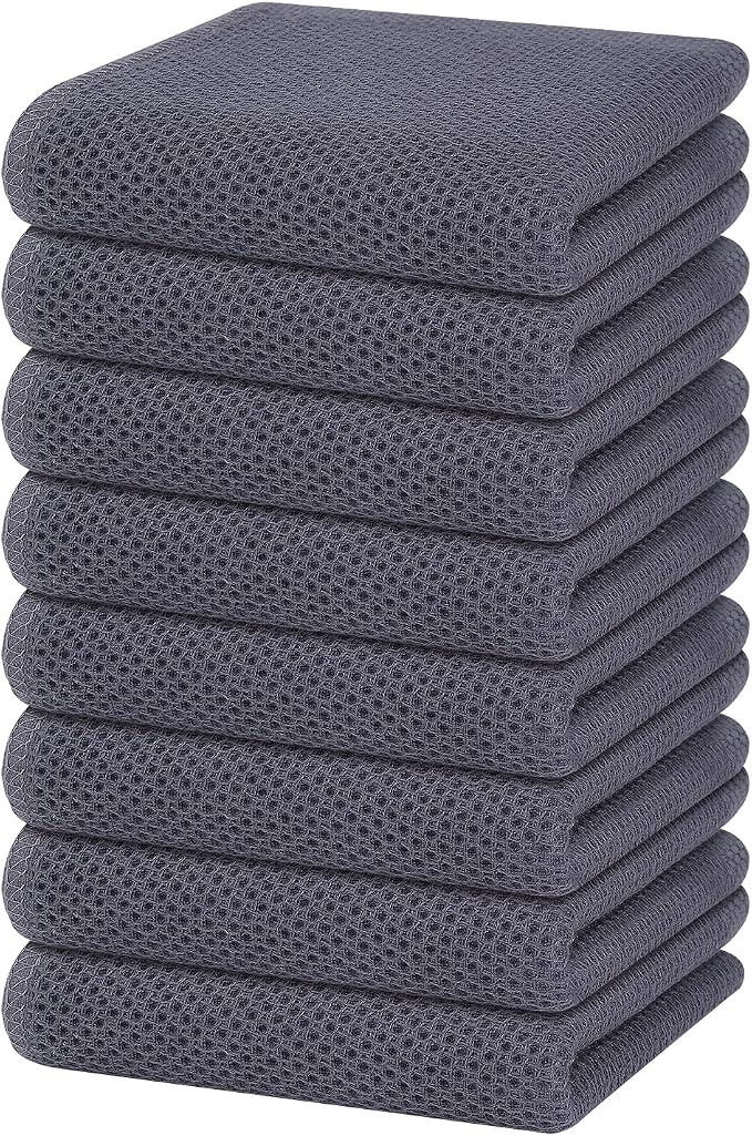 Homaxy 100% Cotton Waffle Weave Kitchen Dish Towels 8-Pack, Dark Grey | 13 x 28 Inches, Ultra Soft Absorbent Dish Towels, Quick Drying Cleaning Towels